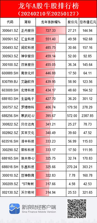 A股龙年十大牛股排行榜：正丹股份涨727%，汇金科技涨551%，润欣科技涨幅485.75%（名单）