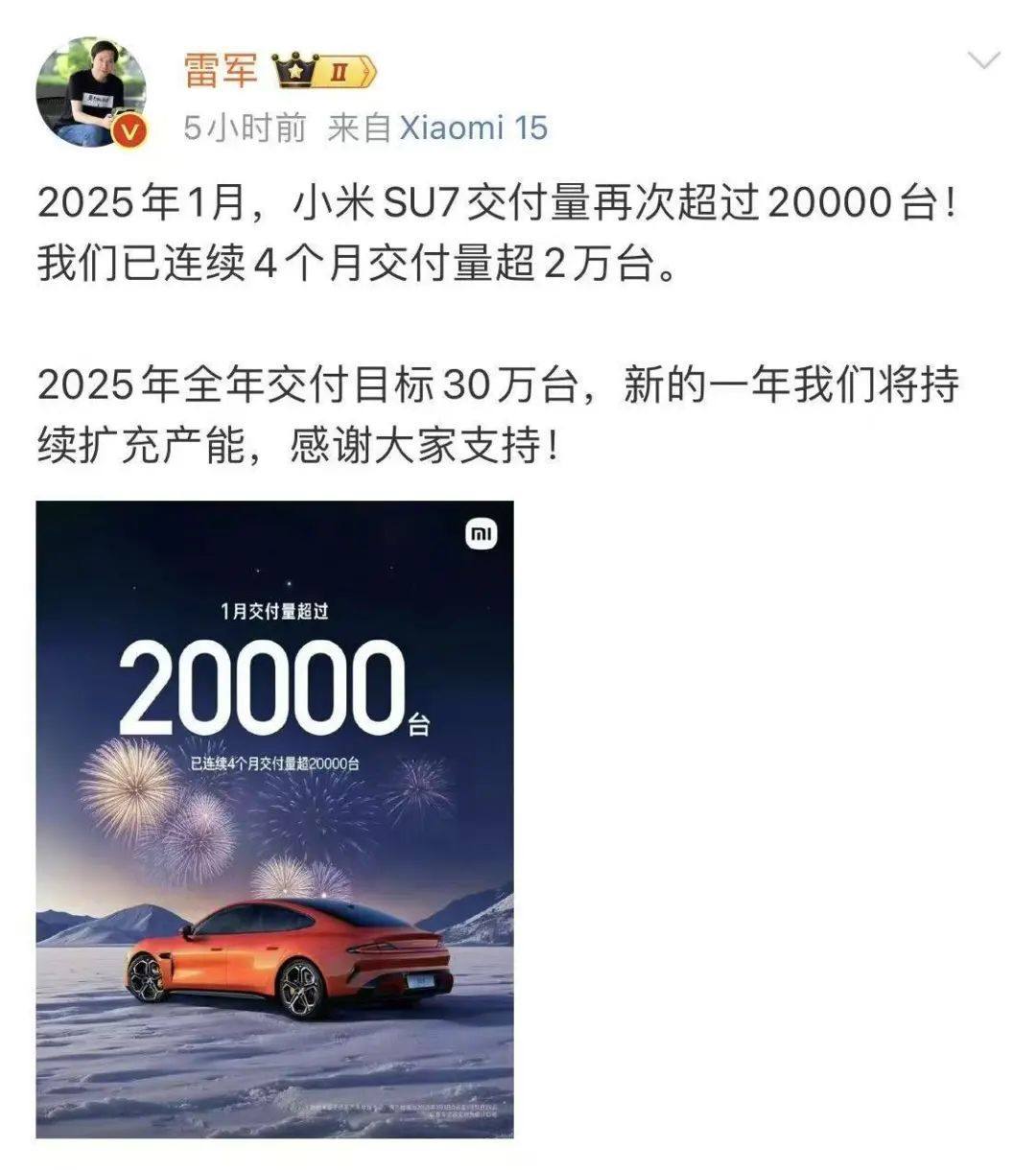 雷军最新宣布：小米汽车，交付量连续4月超2万！2025年，目标30万台！